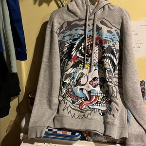 Ed Hardy Gray Hoodie with Colorful Graphic